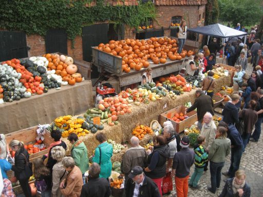 Großes buntes Kürbisangebot auf Anhängern und Strohballen dekoriert, Hoffestbesucher davor