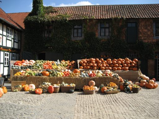 Blick auf einen Bauernhof mit zwei großen, mit Kürbissen bunt geschmückten Anhänger, davor liegen dekorierte Strohballen und Weidenkörbe