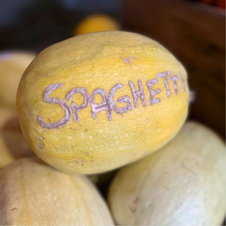 Vegetable Spaghetti gelbe, ovale Kürbisse, einer ist beschriftet mit Spaghetti