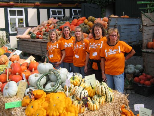 5 Frauen in orangen T-Shirts vor bunt gepackten Kürbisanhängern